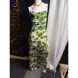 Persaya Green Floral Cowl Neck Ruched Maxi Dress Size L Sleeveless Tie Back